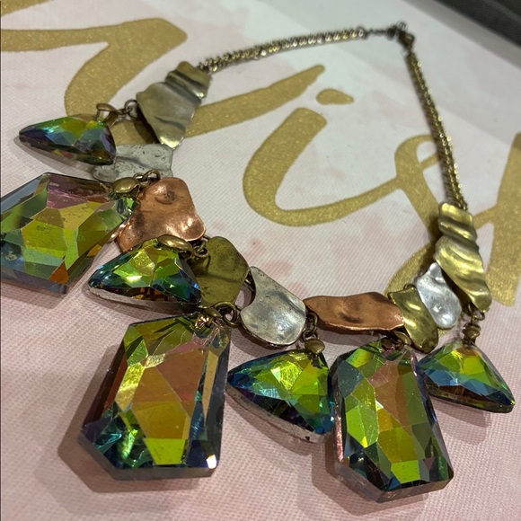 Multicolor Statement Green Blue Yellow Lead Beveled Glass Necklace - Picture 3 of 7